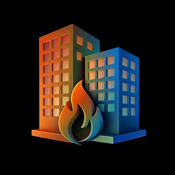 Ikon der viser erhvervsbygninger med flamme, som symboliserer professionel brandfugning i erhvervsbyggeri