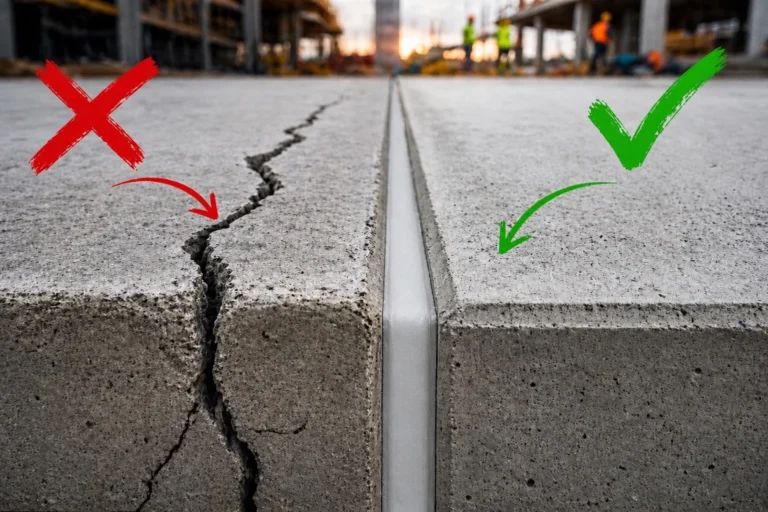 Revne i beton uden dilatationsfuge sammenlignet med korrekt udført dilatationsfuge i betonkonstruktion